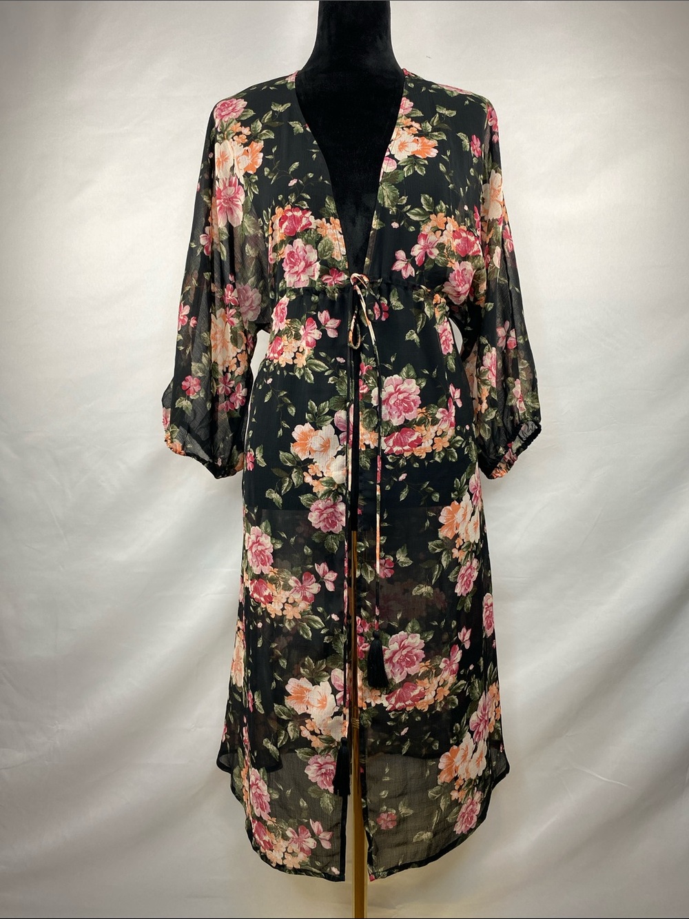 NWT American Eagle Black Floral Sheer Chiffon Duster Kimono Tassel Tie Size XS/S